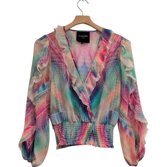 LE SUPERBE Good Vibrations Blouse XS  Rainbow Long Sleeve Print Surplice Top - Picture 4 of 7